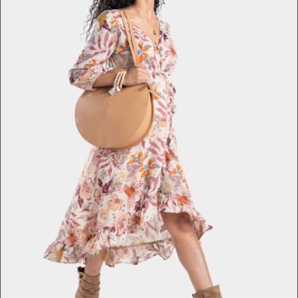 Francesca's Collections Floral Midi Dress in Cream with Pink & Orange Accents